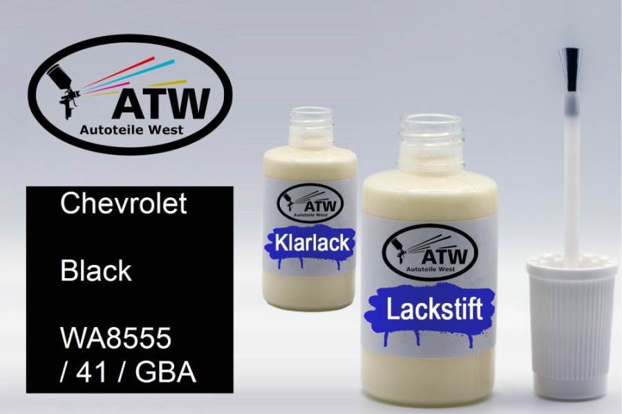 Chevrolet, Black, WA8555 / 41 / GBA: 20ml Lackstift + 20ml Klarlack - Set, von ATW Autoteile West.